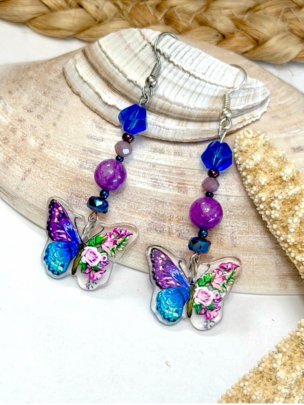 Purple & Blue Stone & Crystal Floral Butterfly Beaded Earrings